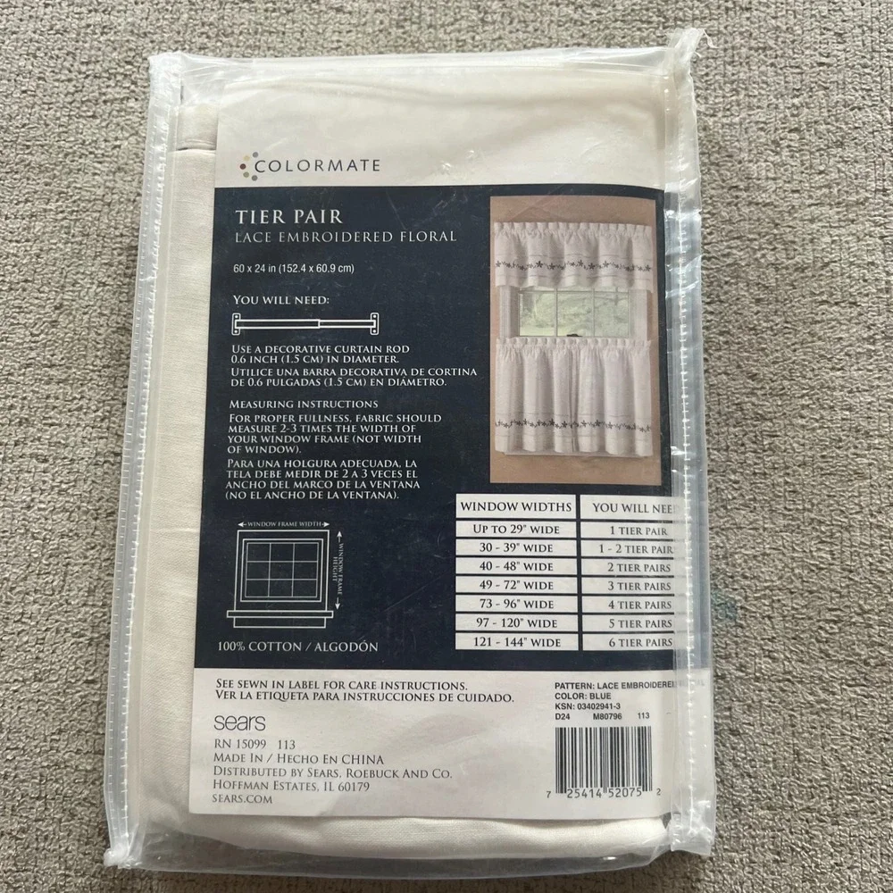 Colormate Embroidered Floral Tier Pair Curtains 60x24 Cotton Cream Blue